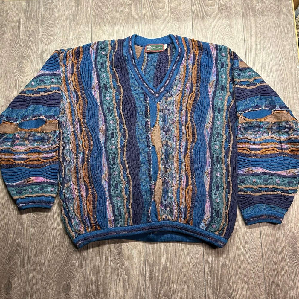 Vintage Tundra Canada 3D Knit Sweater Mens XLT Blue Multi Textured V-Neck 90s